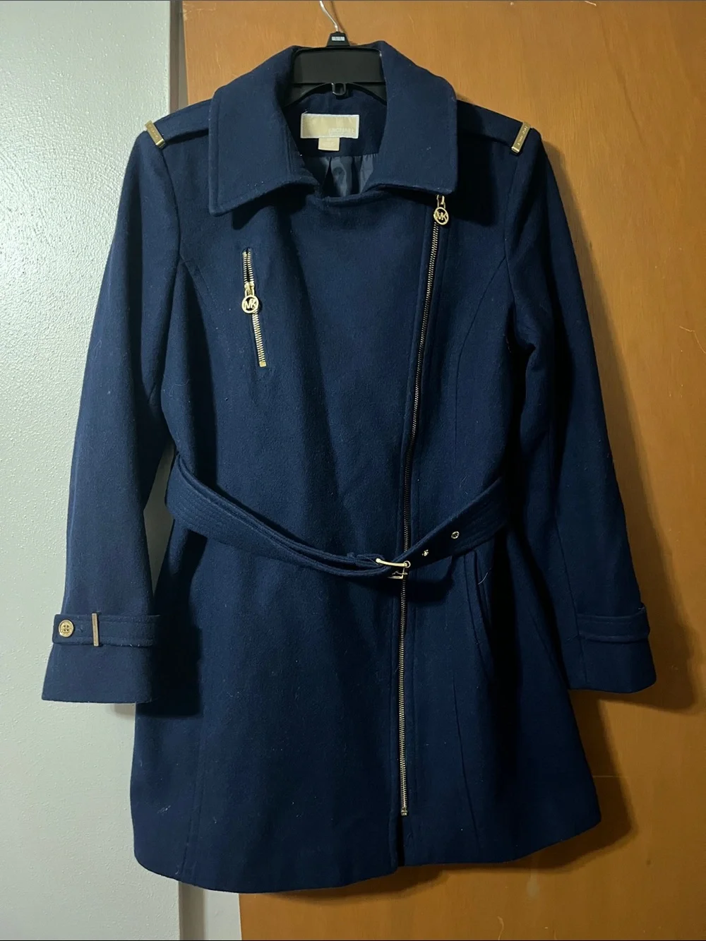 Michael Kors Navy Wool-Blend Trench Coat with Gold Hardware